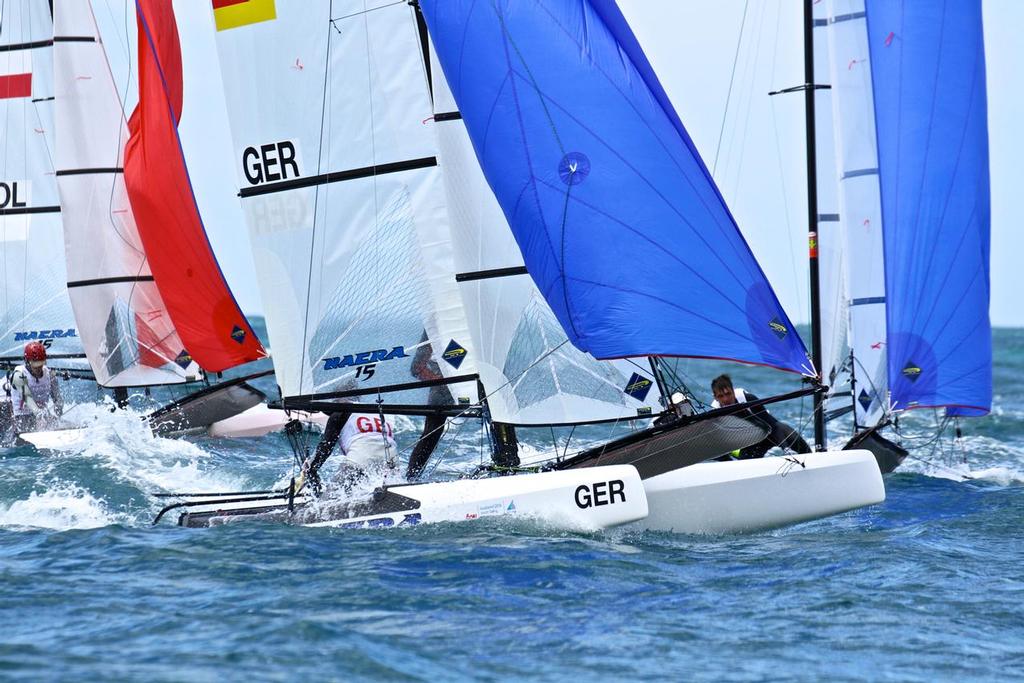 Nacra 15 Mark rounding action - Aon Youth Worlds 2016, Torbay, Auckland, New Zealand, Day 3, December 18, 2016 © Richard Gladwell www.photosport.co.nz